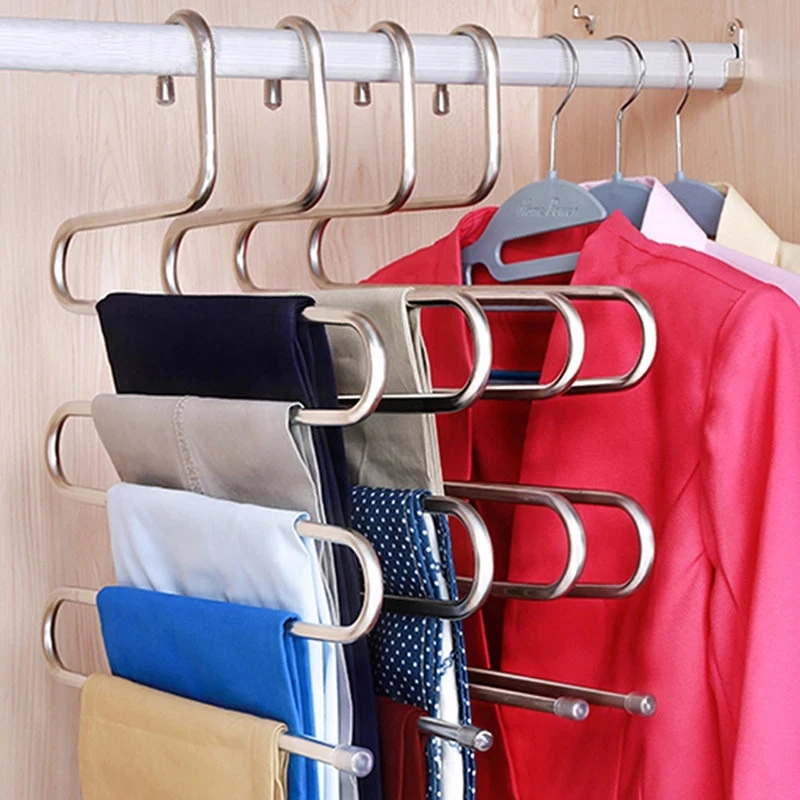 5-слойни закачалки за дрехи от неръждаема стомана S-образна закачалка за съхранение на панталони, Рафтове за съхранение на дрехи и Многопластова закачалка за дрехи от плат