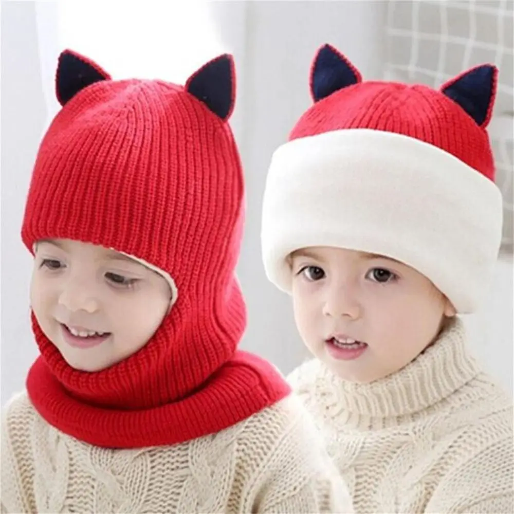 Котешки уши топла Зимна защита за ушите Шапка-ушанка с руното облицовка детски Зимни шапки Вязаная шапчица-бини за деца