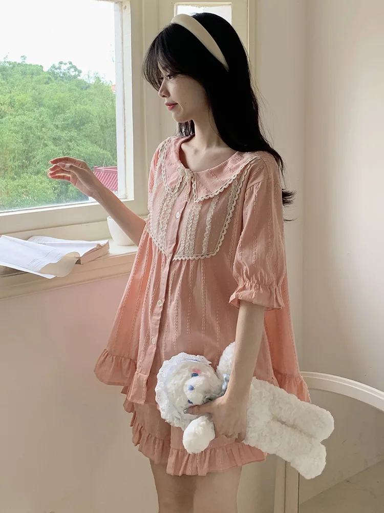 Мек Лесен Сладък Дантелен Розов Пижамный комплект в девичьем стил с къс ръкав, дамски принцеса Корейски Kawai, Свободни Елегантни блузи за сън, всеки ден