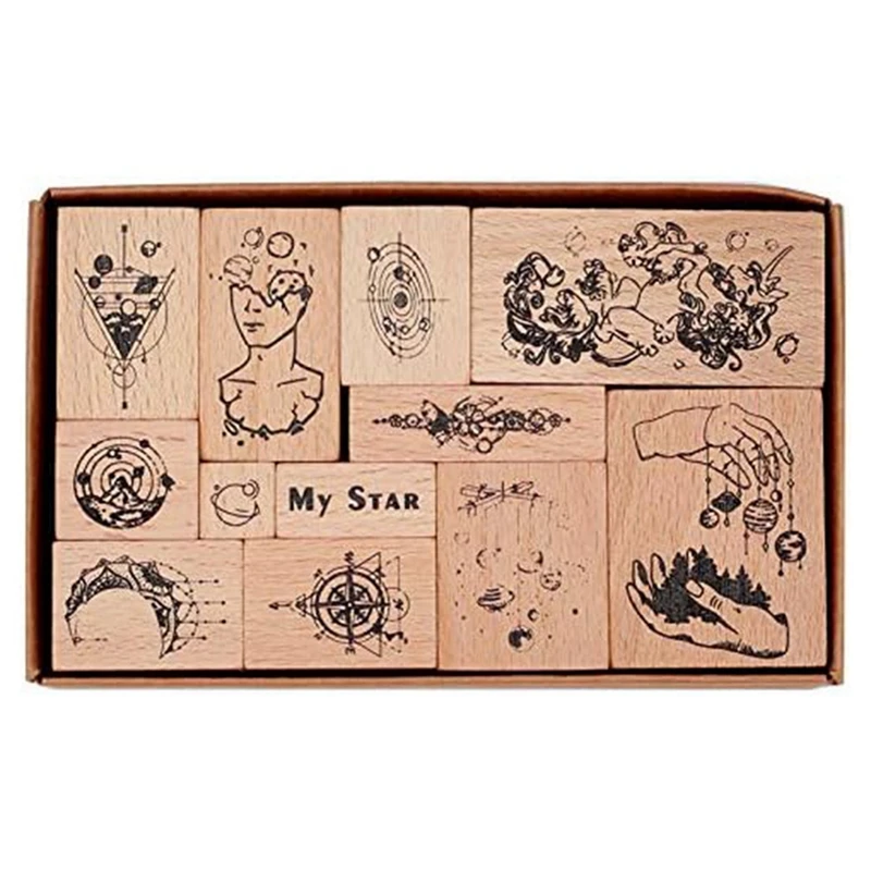 Набор от старинни дървени, гумени печати 12шт, декоративни ленти от серията Star Trail за направата на картички