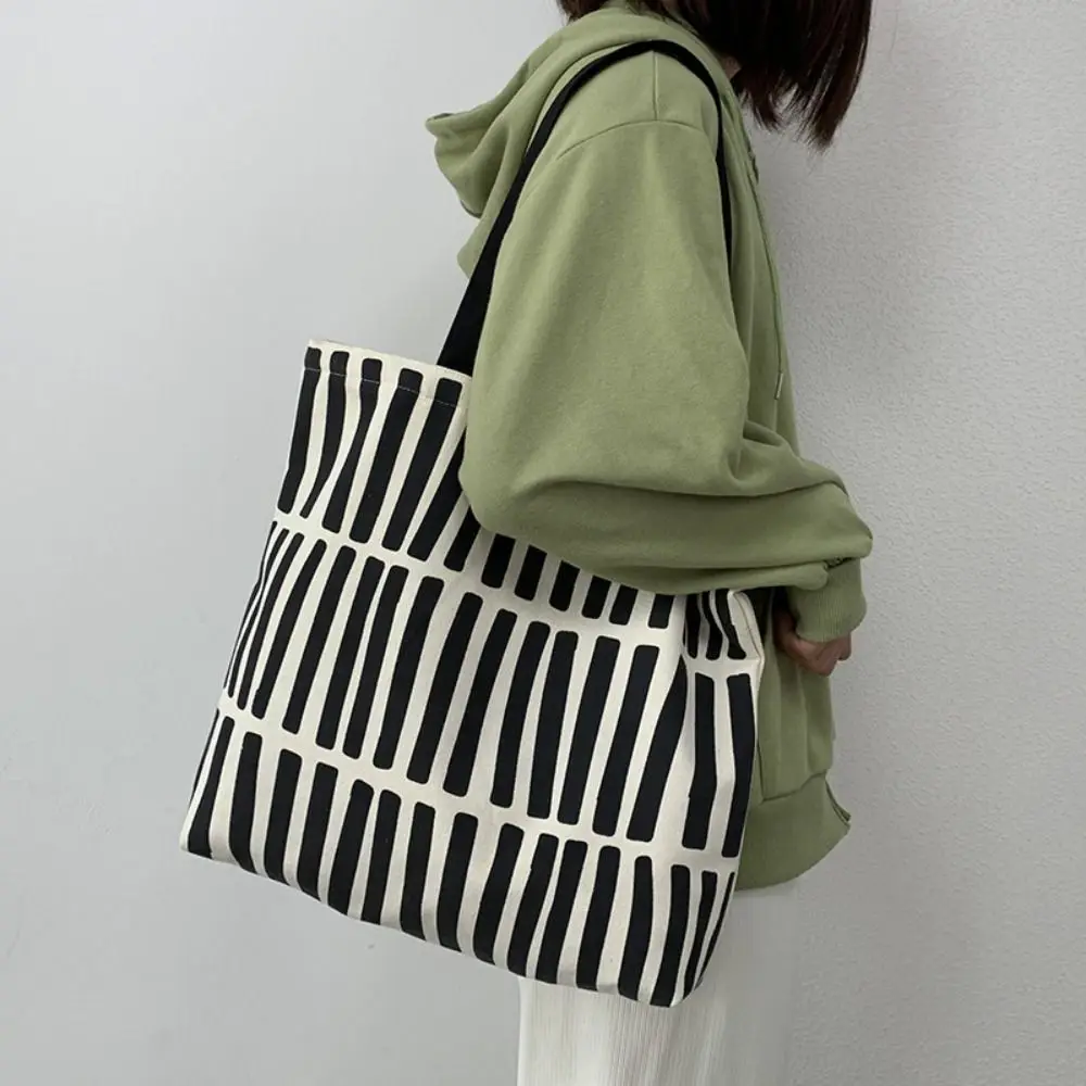 Холщовая чанта-тоут с принтом в линия, лесна тъканно чанта с цип, множество пазарска чанта, в корейски стил, голяма чанта голям-тоут за момичета