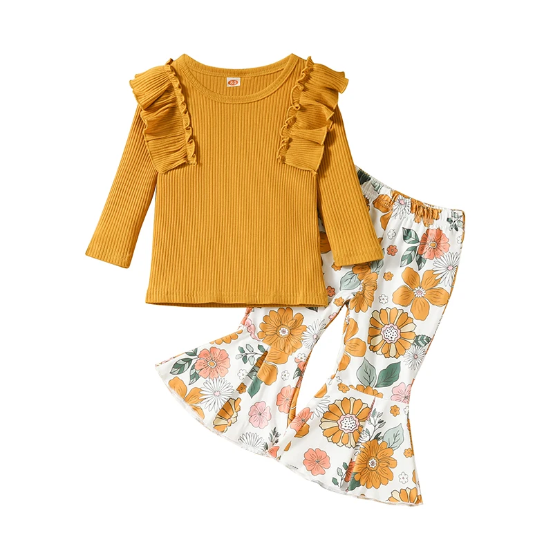 Комплект панталони за момичета, тениска с кръгло деколте и цветисти принтом, разкроена панталони, есен облекло