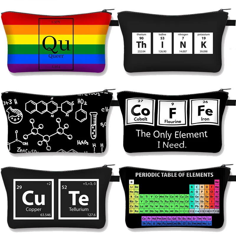 Забавна периодичната таблица на елементите, косметичка, женски козметични чанти с математически модел, чанта за червило с цип, преносими чанта за тоалетни принадлежности