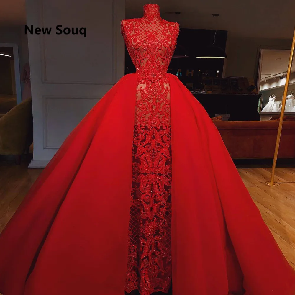 Направен по поръчка Вечерни рокли от червена дантела с аппликацией И подвижни пола, без ръкави, с високо деколте, Рокля за бала в Саудитска Арабия и Африка