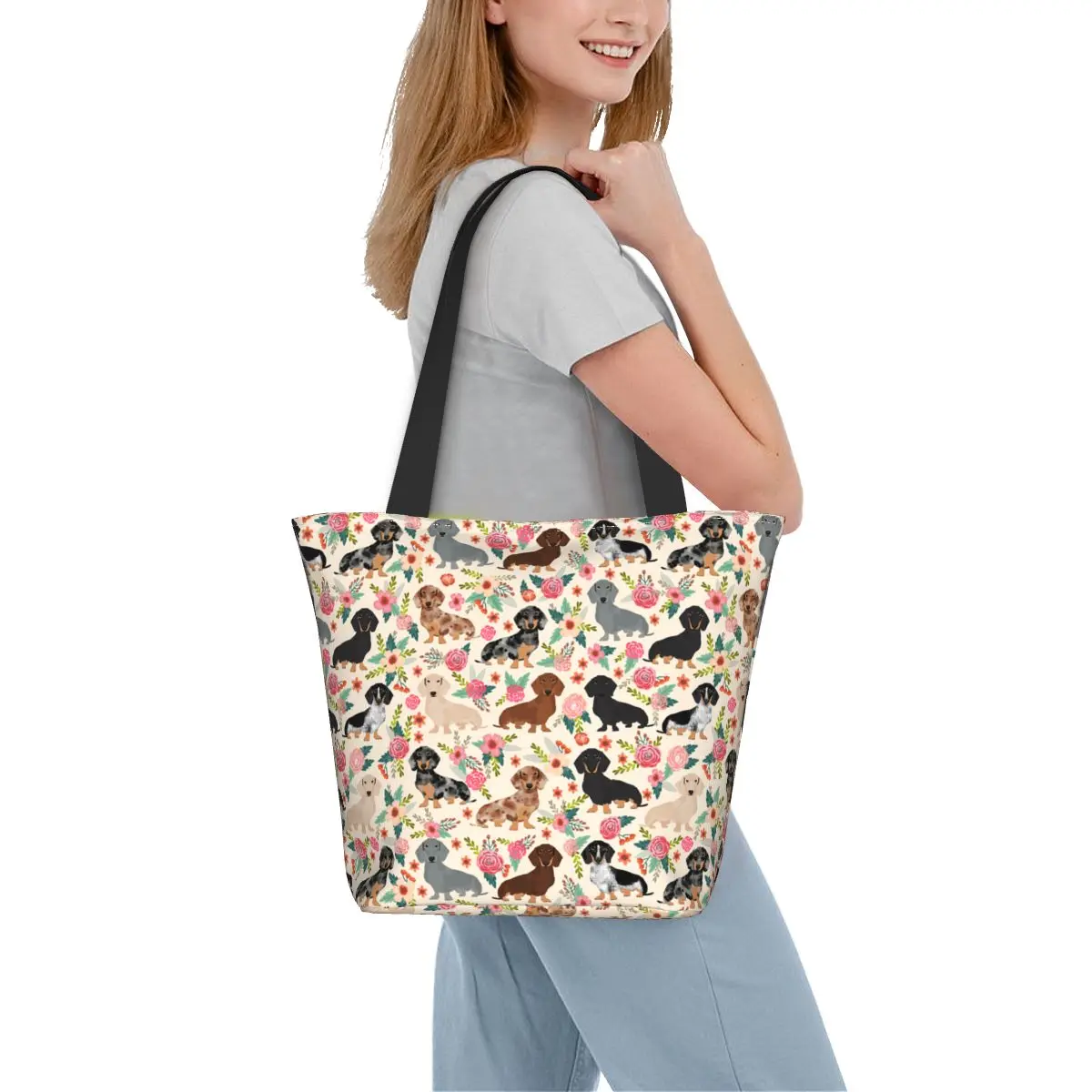 Скъпа такса с щампи кучета, дамски холщовая чанта през рамо, дамски ежедневни чанти-тоут, Множество Плажната чанта за пазаруване с голям капацитет